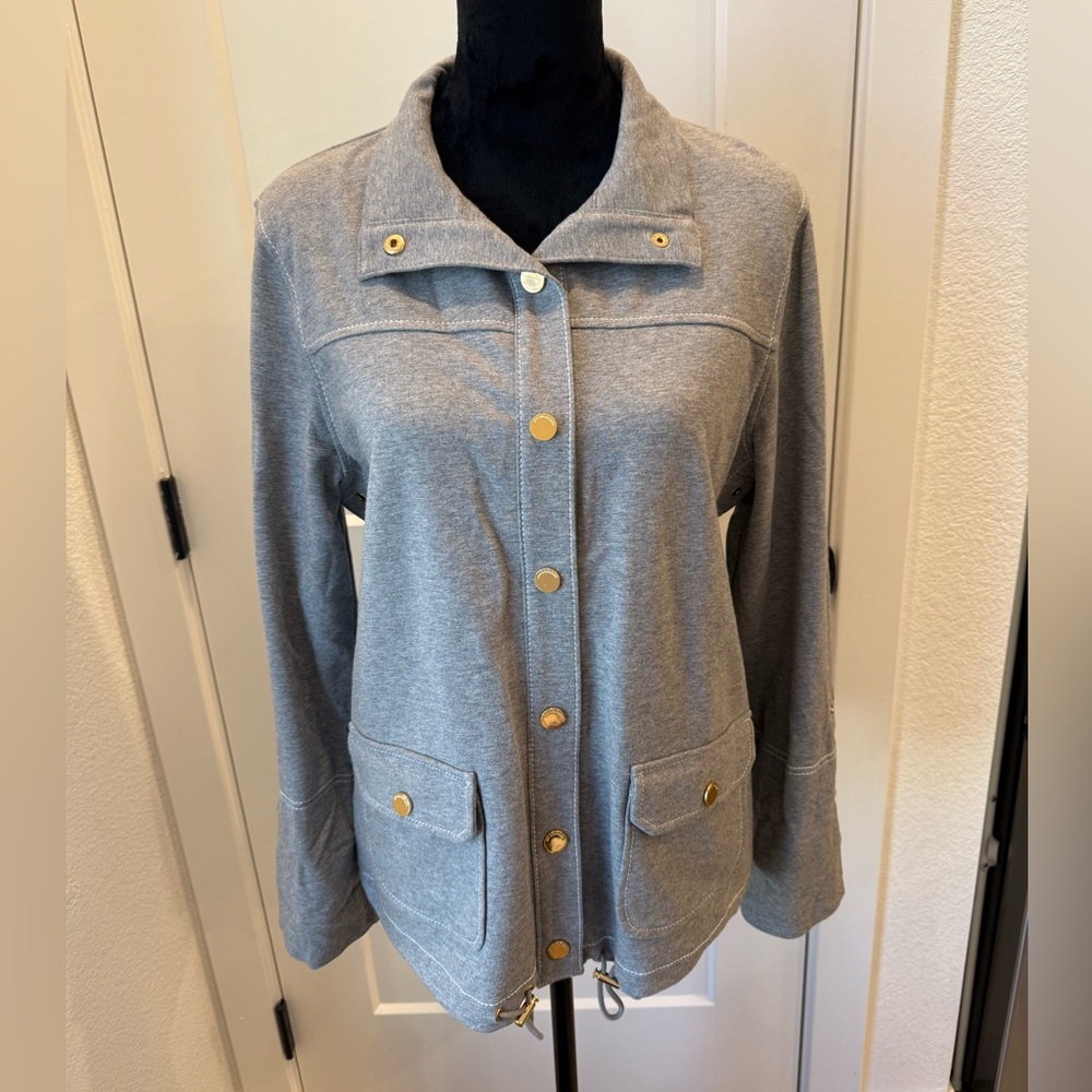 Jones New York Signature Gray Snap Front Utility Jacket Polka Dot Cuffs L - Picture 4 of 10